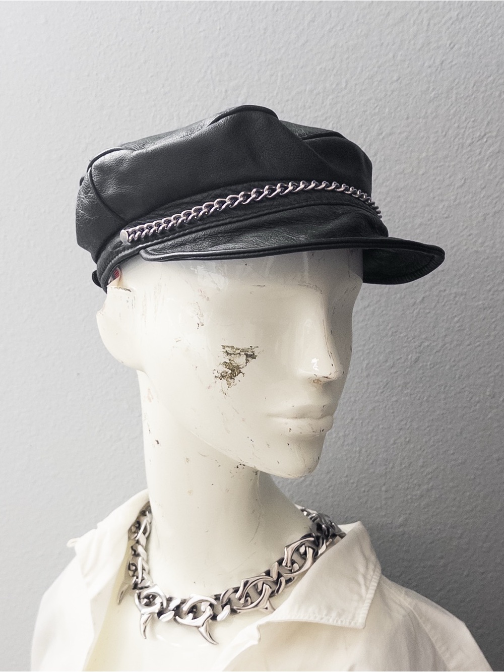 Vintage Black Leather Chain Biker Cap, Made in USA, One Size